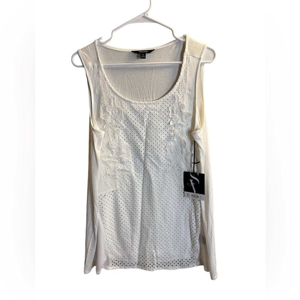 NWT Simply Vera Vera Wang Tank Top White Crochet Floral Round Neck Casual - M